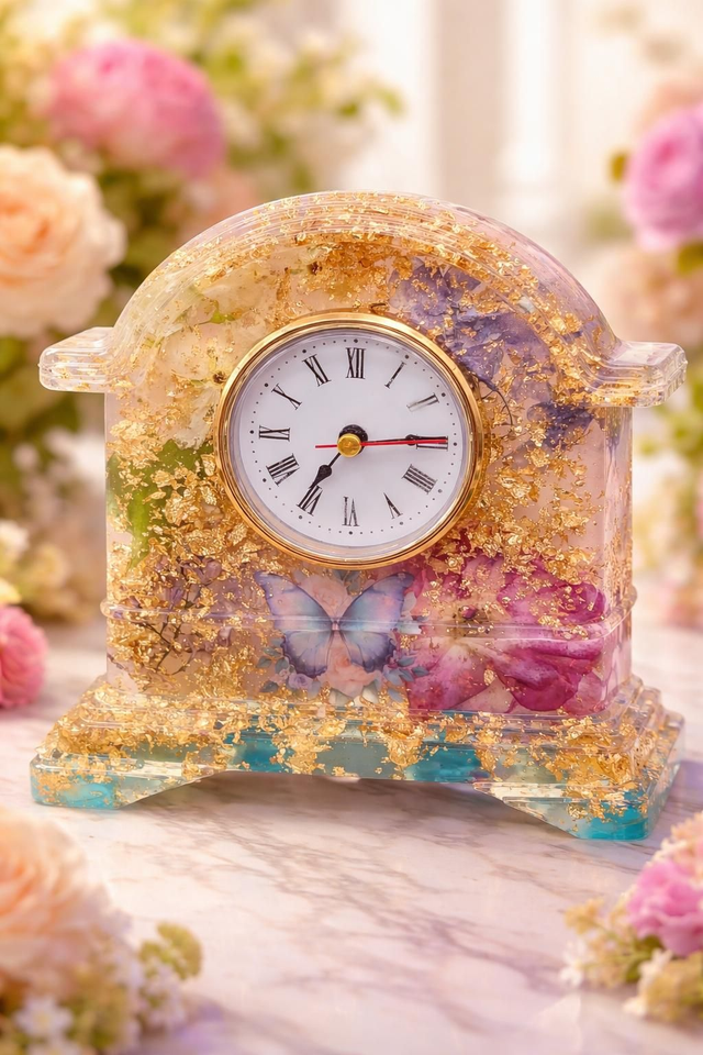 Pendule fleurs séchées et feuilles d'or