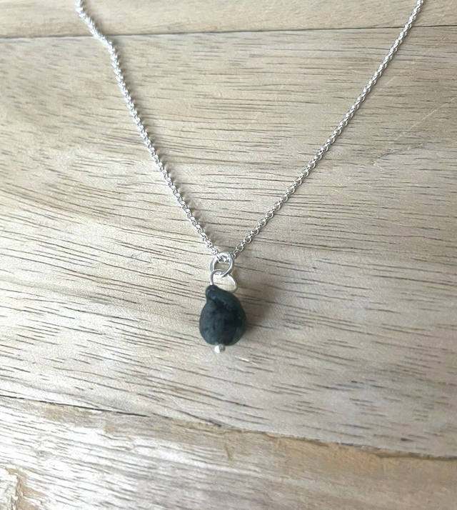 May - Emerald birthstone necklace - raw & threaded with sterling silver