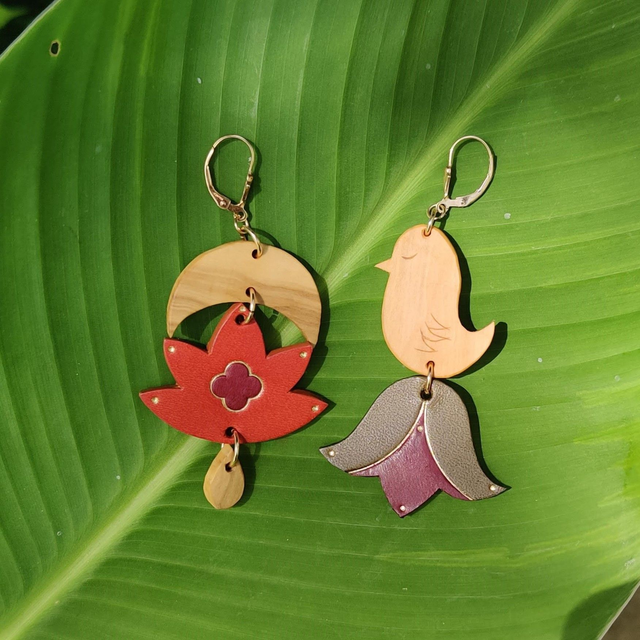 Boucles d'oreilles 'Oiseau et fleurs'