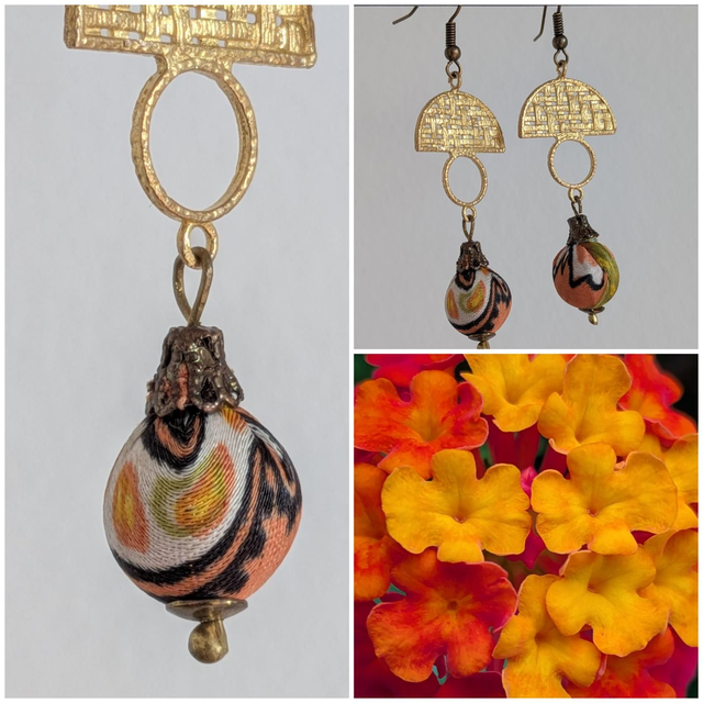 Boucles d'oreilles bronze et or,perles en tissu orange aux jolis reflets, laiton bronze sans nickel, pièce unique 