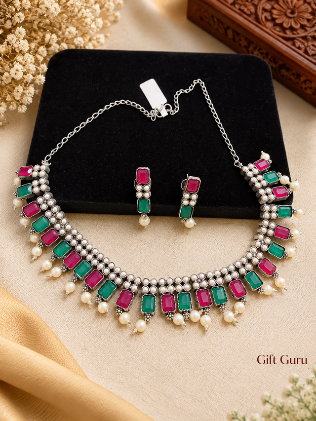 Silver-Plated Pearls-Studded & Beaded Oxidised Jewellery Set