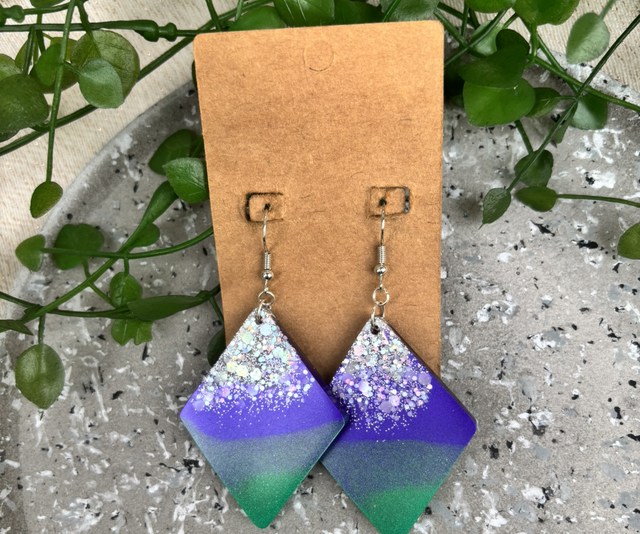 Boucles d’oreilles résine violette verte et argenté à paillettes 