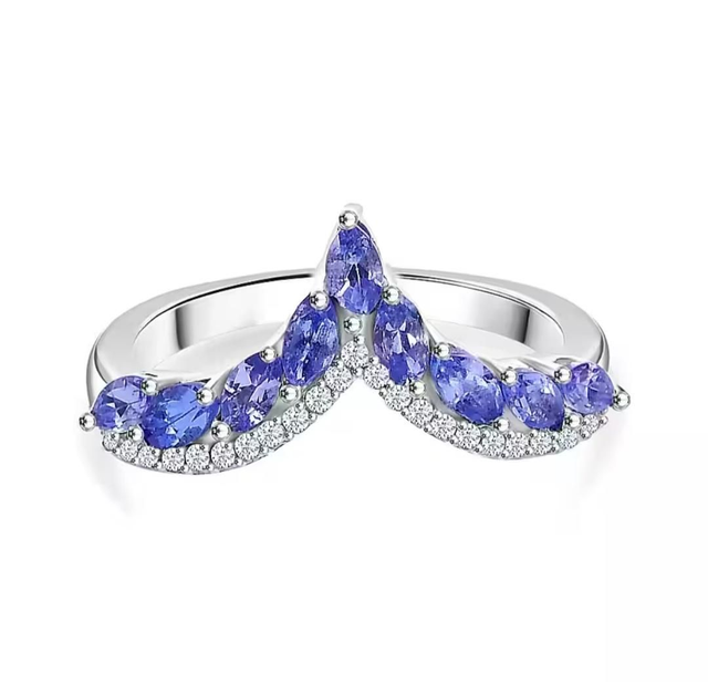 Beautiful Natural Tanzanites &amp; Cambodian Zircons Wishbone Ring.