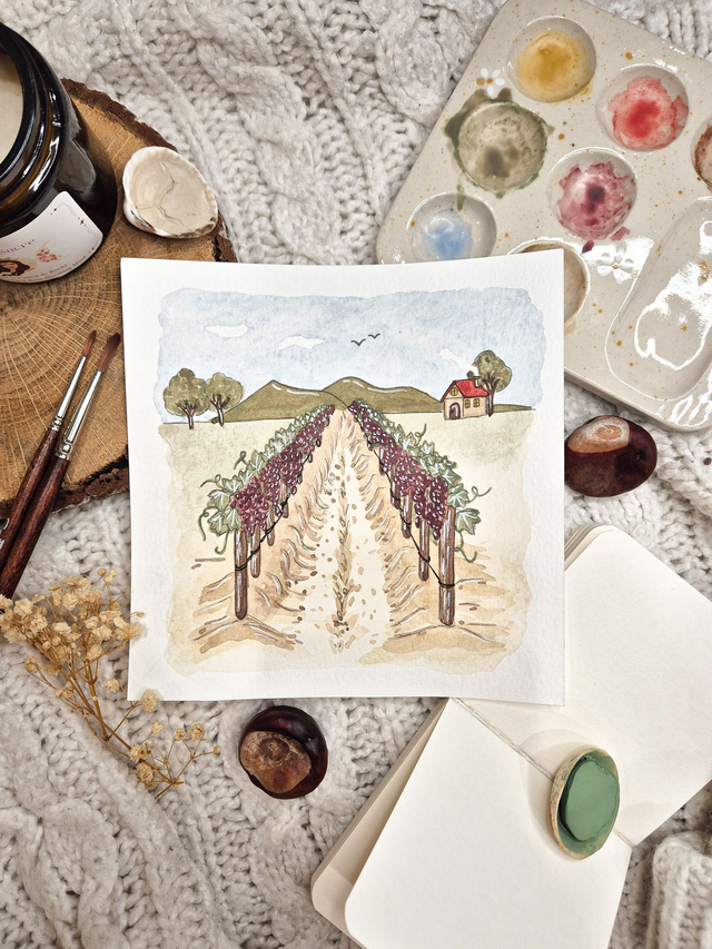 Chemin de vigne - Aquarelle originale