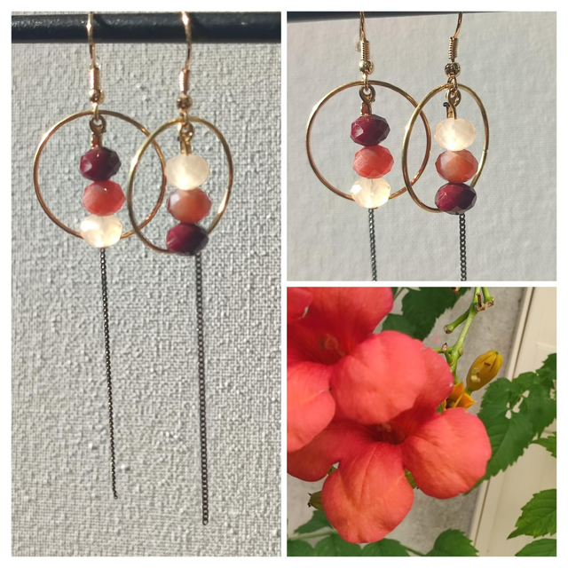 Boucles d'oreilles 3 perles en verre brun, orange, bordeaux et cercle 