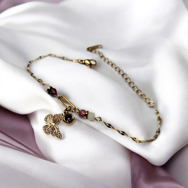 Bracelet acier inoxydable et strass prune et doré