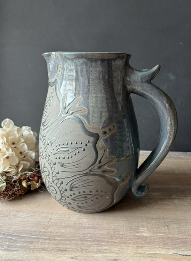 XL Stoneware handmade Jug/Pitcher 3 L, with dark blue colors