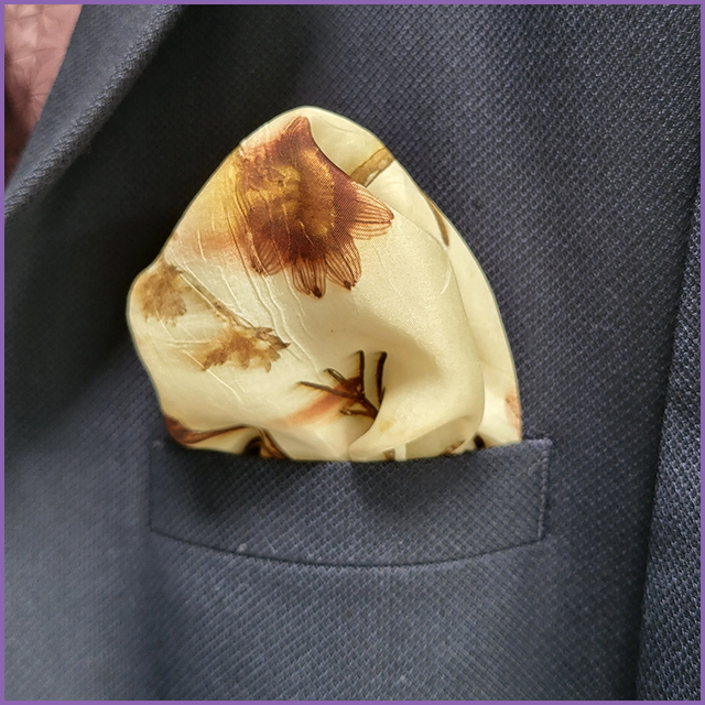 100% silk pocket square - eco printed with coreopsis, bidens, cosmos and african daisy and blanket dyed with annatto