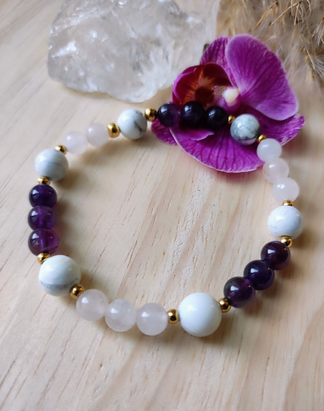 Bracelet "Stress Sérénité" Améthyste, Quartz rose et Howlite