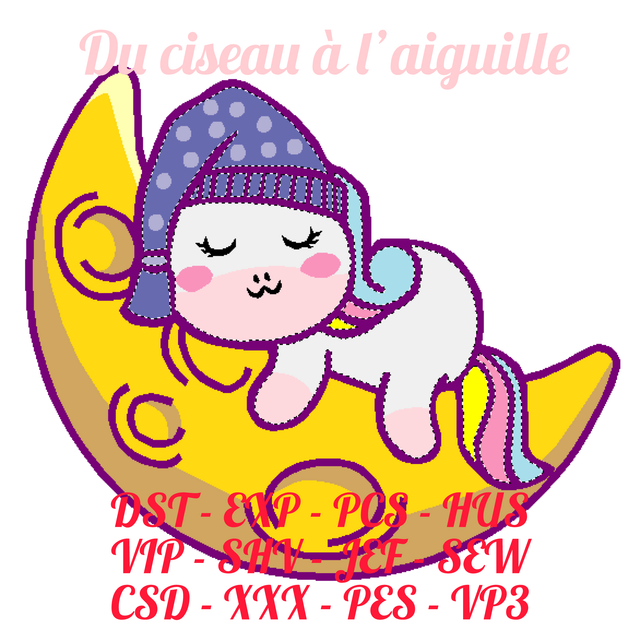 fichier broderie licorne qui dort sur la lune - Cadre 10x10 / 12 Formats