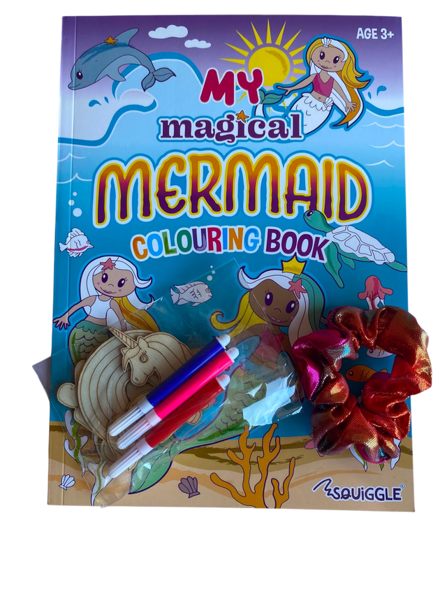 Kids Magical Mermaid Activity Set – Colouring Book, Wooden Unicorn Craft, Markers &amp; Scrunchie  