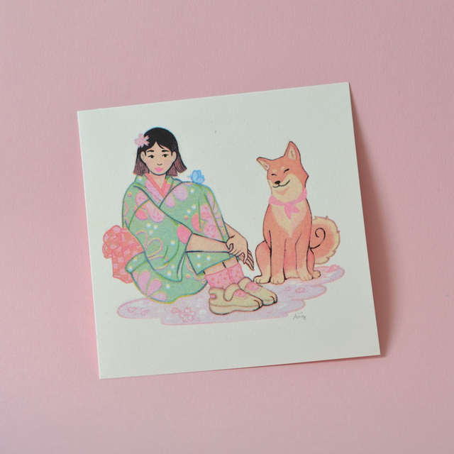 Carte carrée RISO La fille, le shiba et le papillon *imprimée au Japon* 