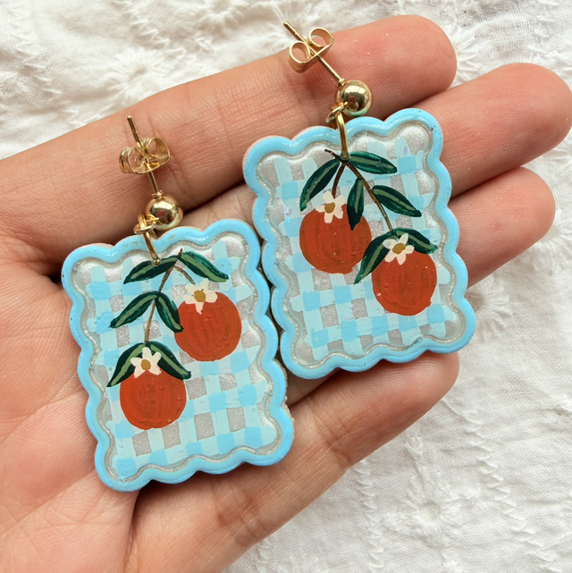Orange Blossom Pale Blue Gingham Earrings
