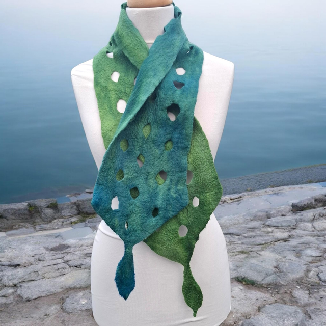 Green and Teal Felted leaf style scarf