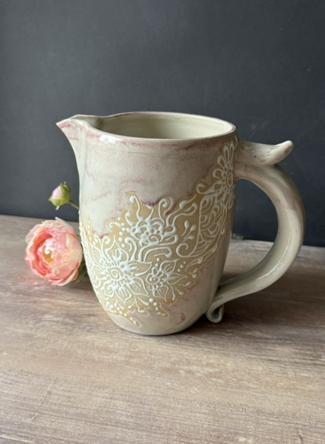Stoneware Large Jug/Pitcher for wine/water/milk, 2L, pink white, wheel-thrown pottery, romantic, henna patterns, handmade one-of-a-kind