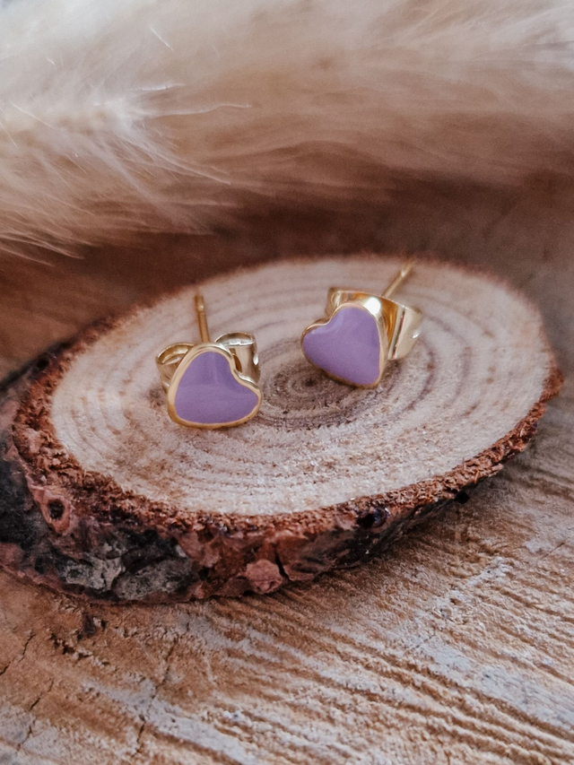 Boucles d'oreilles puces "Petits cœurs" - Modèle doré et lilas