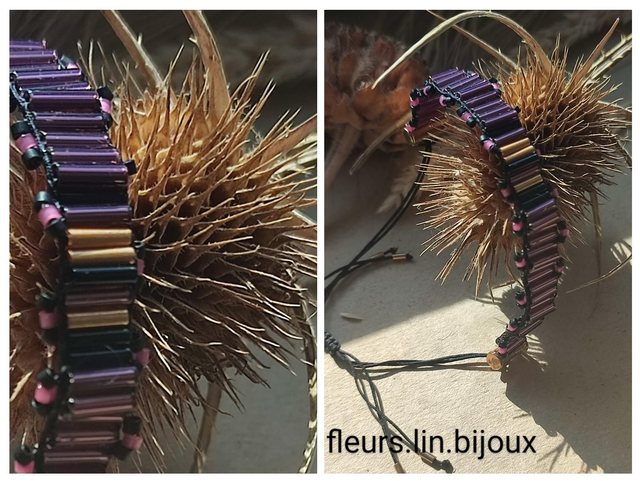 Z-Bracelet tissé main en perles de verre miyuki violine/ or/ noir réglable 