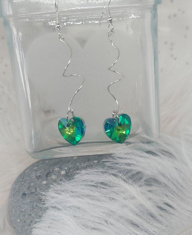 Green Crystal Heart - Quirky drop earrings
