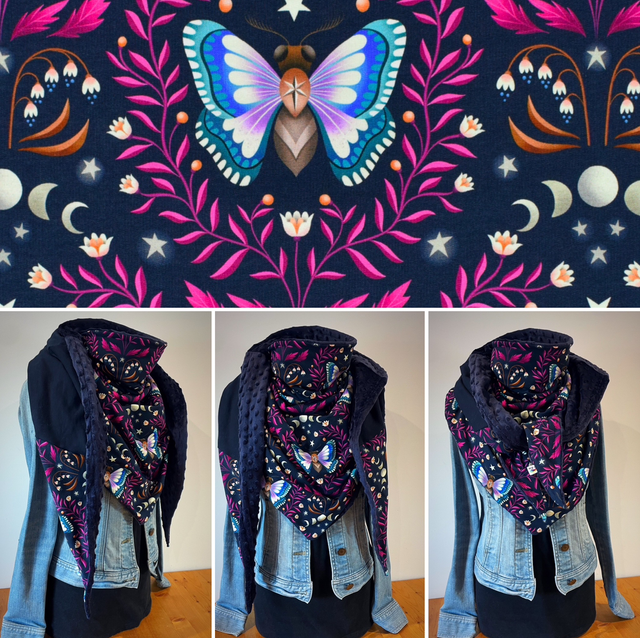 Maxi Chèche Happy Butterfly doublée en polaire minky bleu marine 