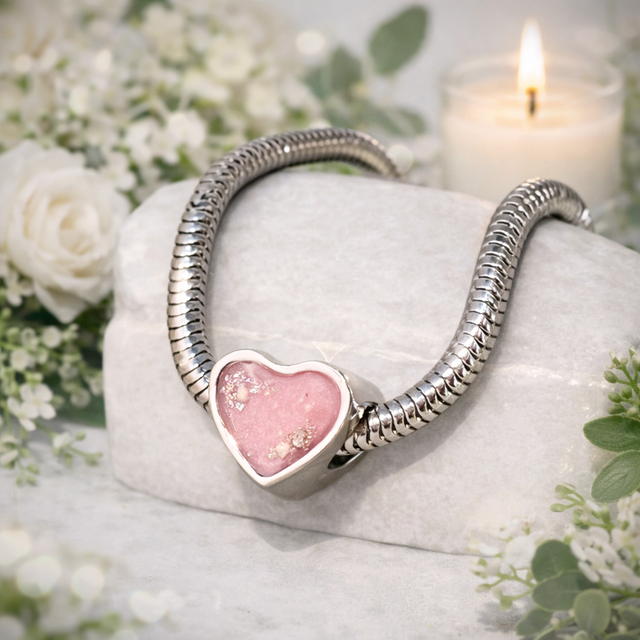 Custom Made Memorial Heart Charm with Snake Chain Bracelet