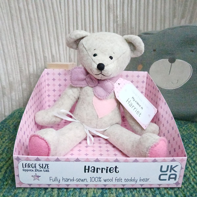 Harriet. Large size. 100% wool felt, handmade teddy bear. Traditional. Beige. Pink. Purple. Standard wool felt.