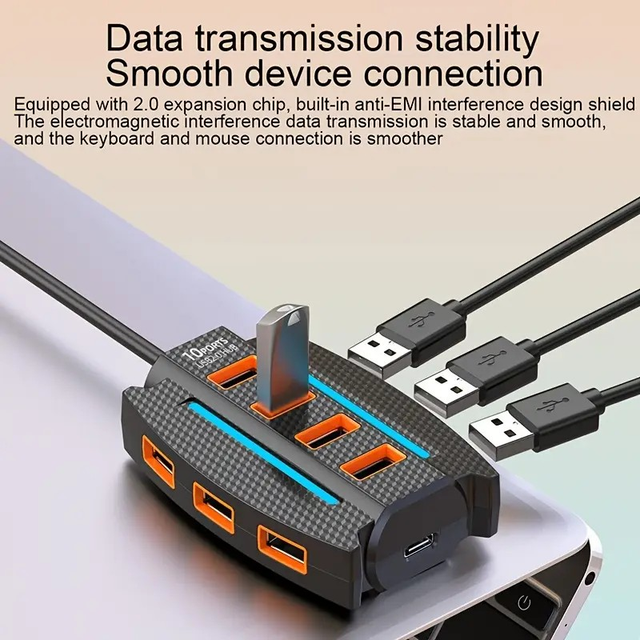  USB Hub with Colorful Ambient Lighting 10-Port