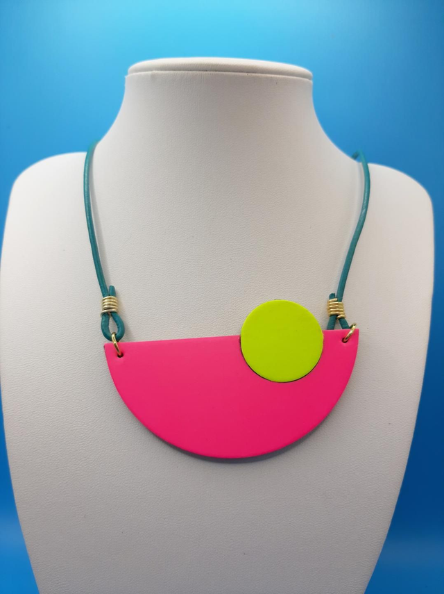 SALE! Leather bib necklace - neon pink / yellow 