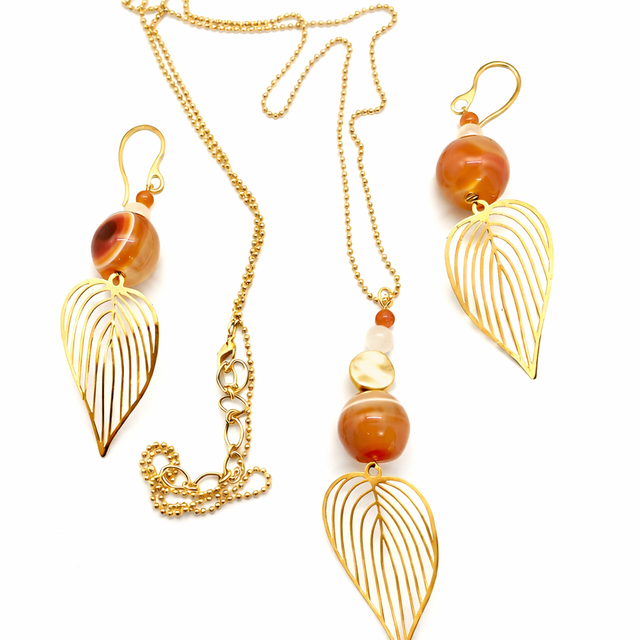 🧡 Parure Pierre de Lune, Aventurine &amp; Perle de Verre Orange – Acier inoxydable doré