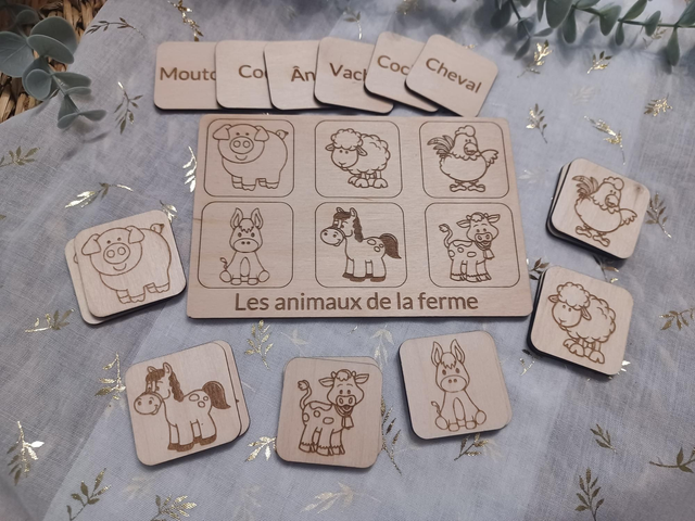 Memory évolutif en bois – Animaux de la ferme 🐓🐴🐷