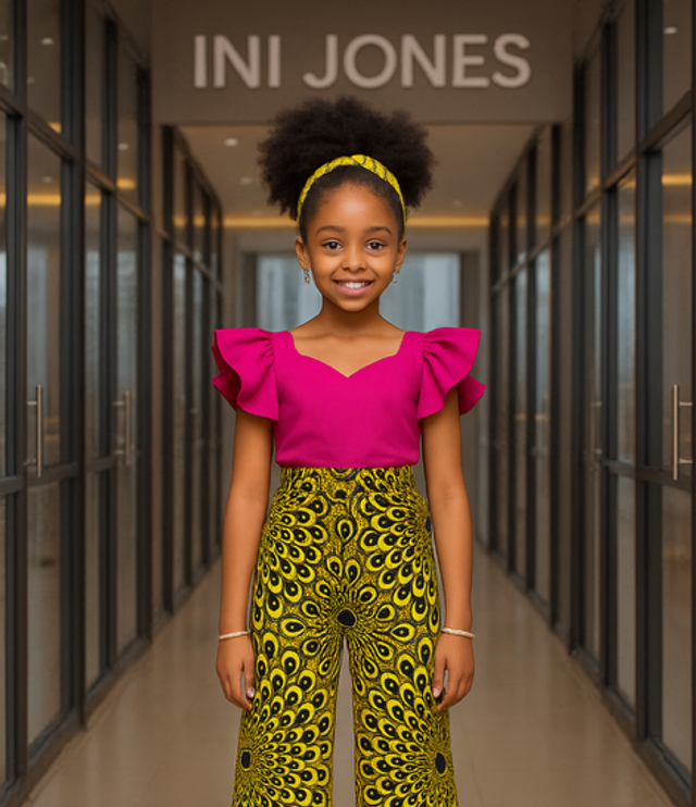Pink Top & Ankara Wide-Leg Casual Birthday Party Girl Trousers Set