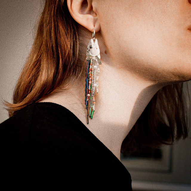 RAINBOW TROUT - kirjolohi - fish hand embroidered hoop earrings