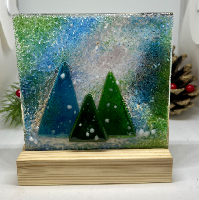 Northern Lights Trees Fused Glass Tealight