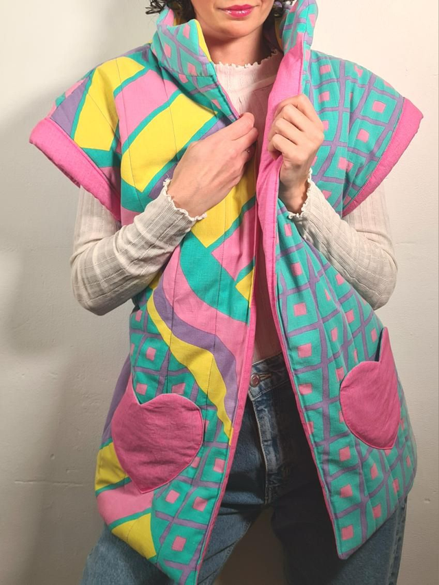 Veste matelassée année 80 en tissus upcyclés