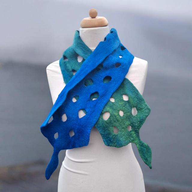 Blue and Green felted leaf style scarf