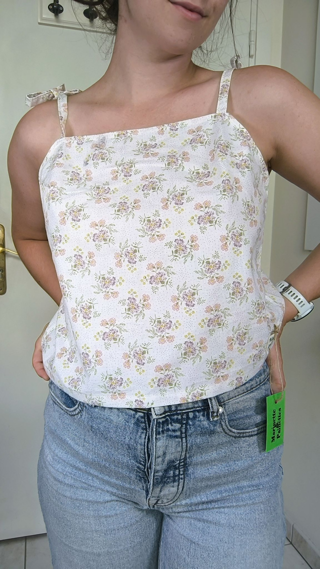 Top beige fleurs rose et violette - Taille 1 & 2