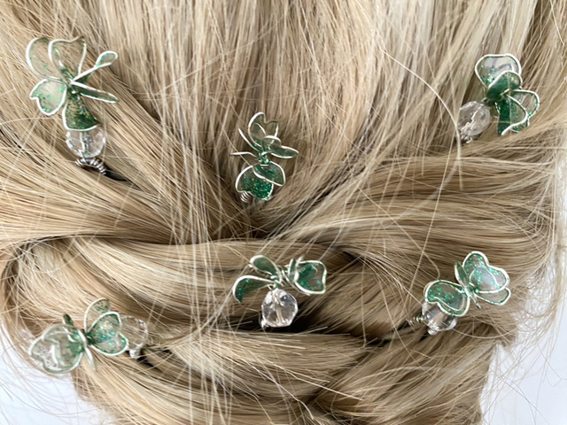 Green Flower Design Jewelled Beaded Hair Pins Set of 6 Hand-wired Silver tone
