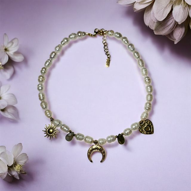 Perłowy naszyjnik z labradorytem 