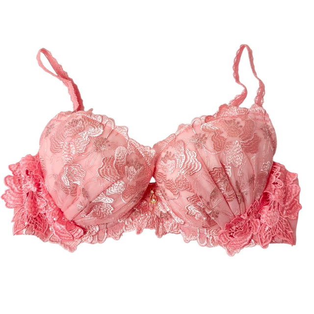 Pink coral embroidered floral appliqué Japanese Bra UK 32B