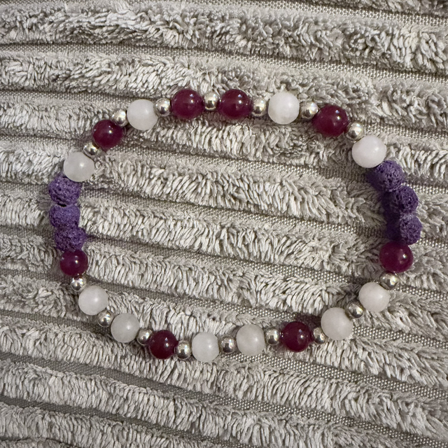 Frosted Rose Quartz, Fuchsia Malaysian Jade, Purple Lava Rock 7.5” bracelet 