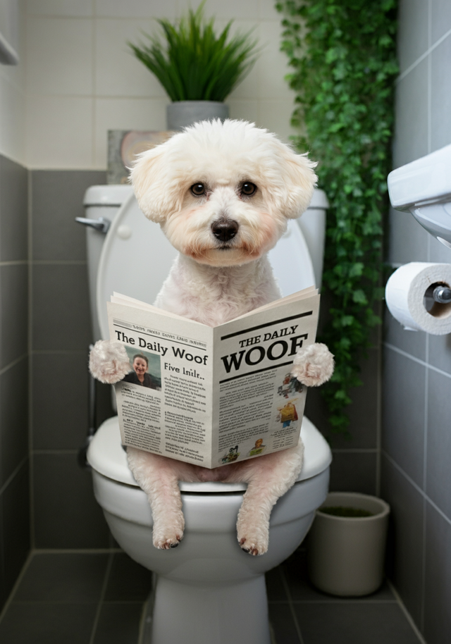 Bichon on the Toilet Framed Canvas