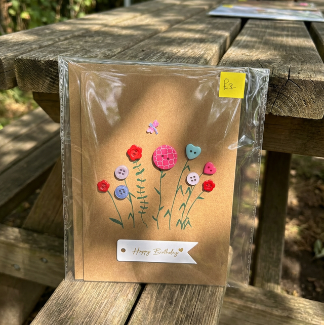 Handmade Pink Button Happy Birthday Card