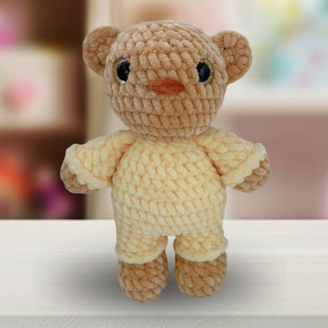 Crochet Chenille Bedtime Bear in Yellow, Glitter Eyes, Ukca tested