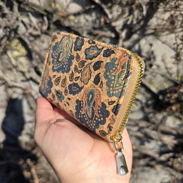 Porte-cartes accordéon "Noélia" en liège imprimé tons bleus/orangé 