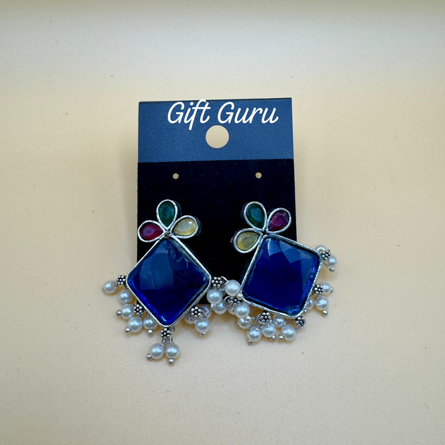 Blue stone oxidised ear rings