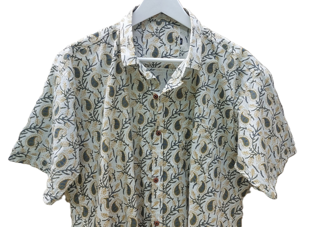 Chemise d'été homme manches courtes, coton léger, motifs jaunes, gris et beige
