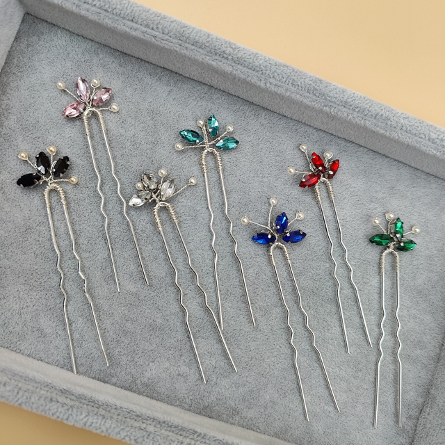 Lot de 4 épingles à cheveux argentées avec strass colorés et perles - 7 modèles: bleu aquamarine, bleu royal, rouge, vert, lavande, noir ou clair