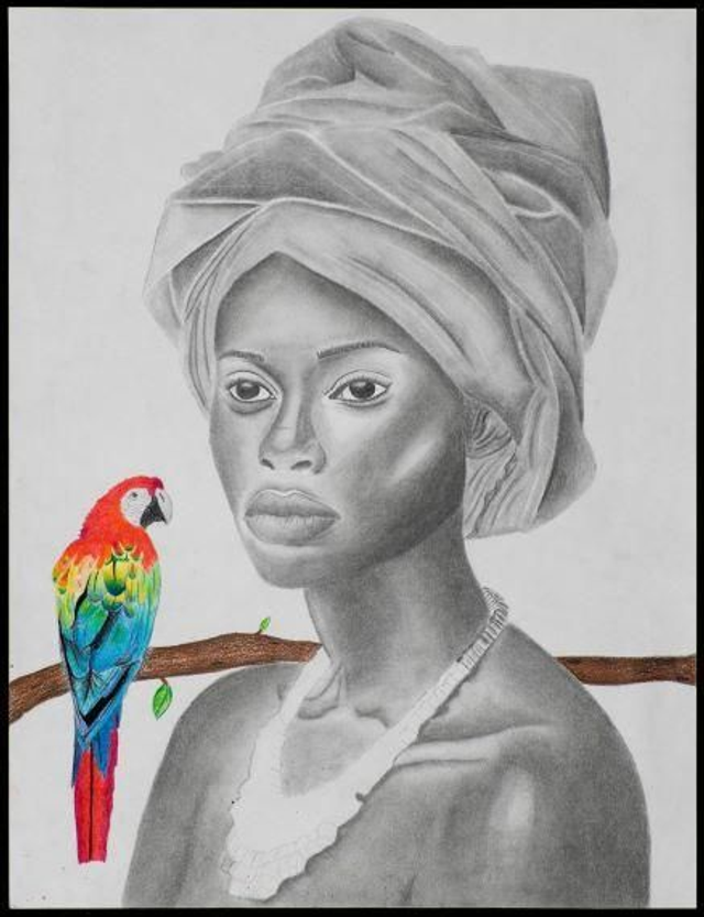 My Feathered Friend - print of pencil and colour pencil drawing by Charlie Guilbert