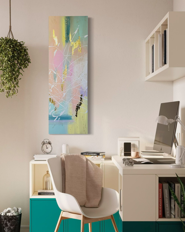 Eveil Pastel - Art abstrait contemporain - Rose ,bleu, jaune pâle- couleurs pastelles