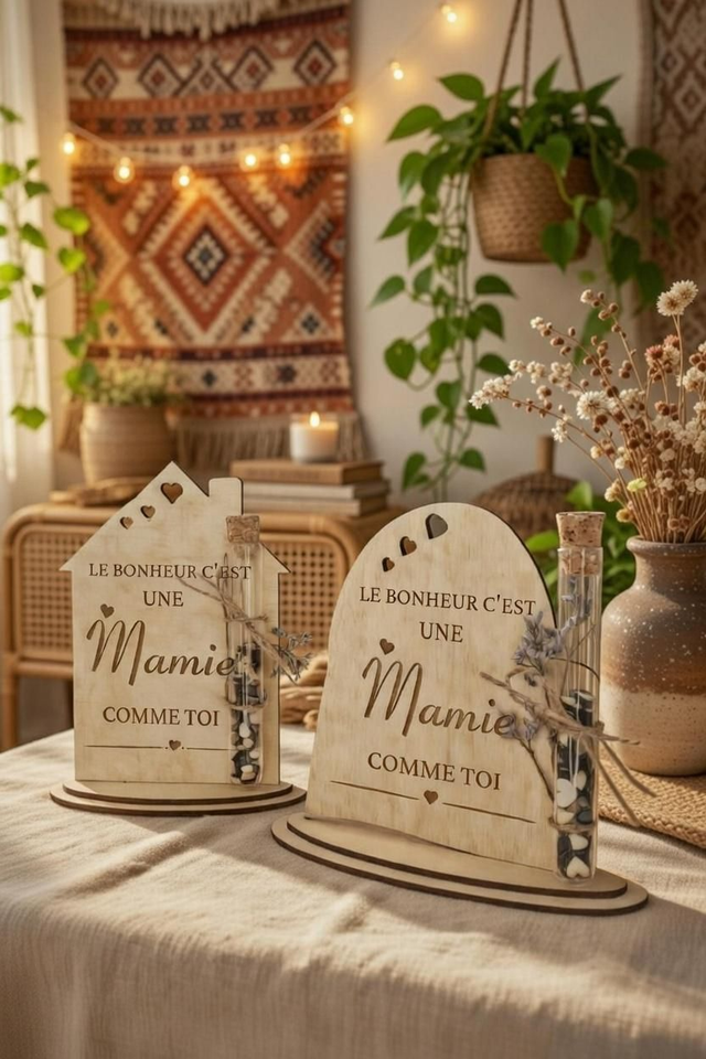 Cadeau Personnalisé Mamie – Décoration en Bois "Le Bonheur c'est une Mamie comme toi" avec Éprouvette