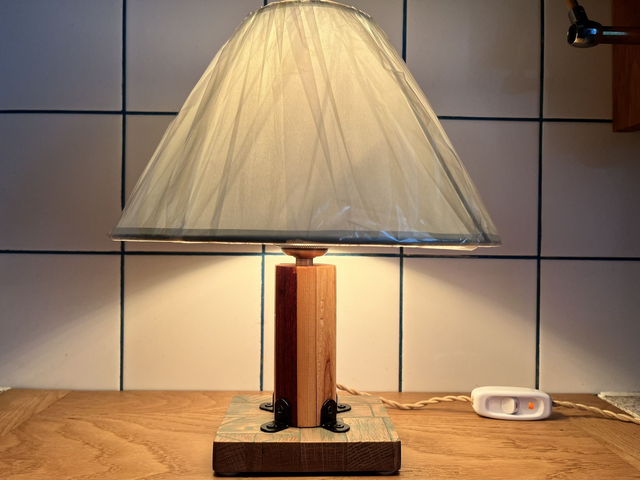 Retro-style bedside lamp made of four types of wood.